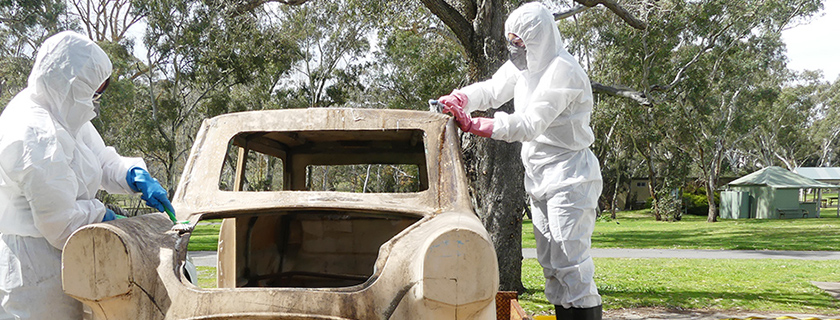Artlab conservators treating heritage car from National Motor Museum