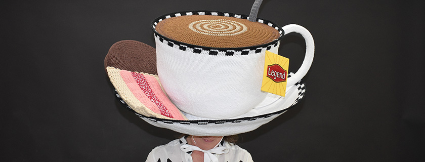 Kristin Phillips donning her winning creation, &ldquo;Cup of Tea: You-re a Legend&rdquo;.