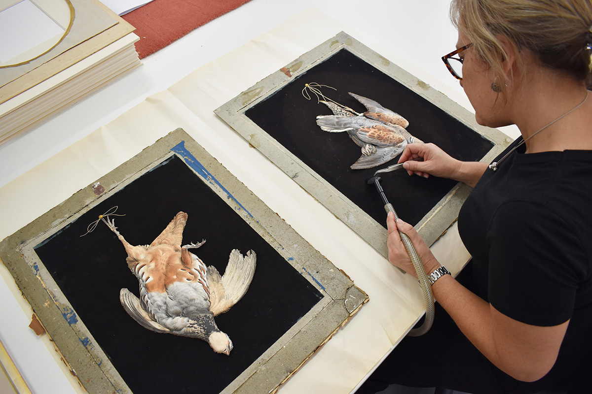 Conservator working on lithographs