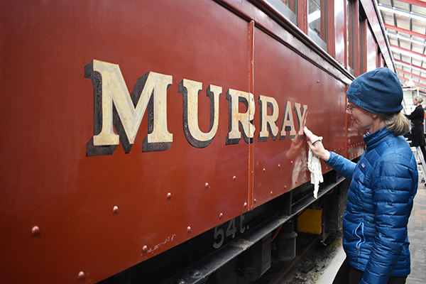 Conservator cleaning railway carriage